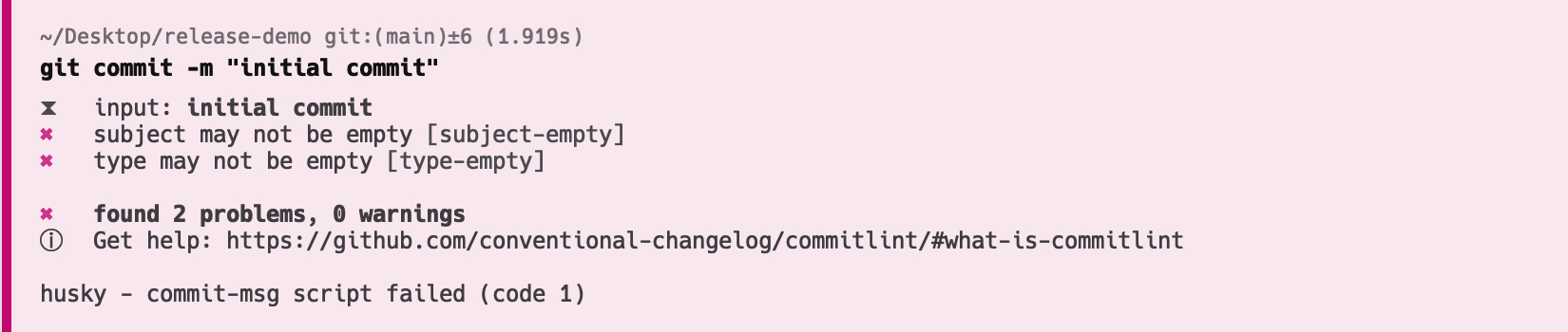 Screenshot showing the error message generated by Commitlint when a commit message does not adhere to the conventional commit format.