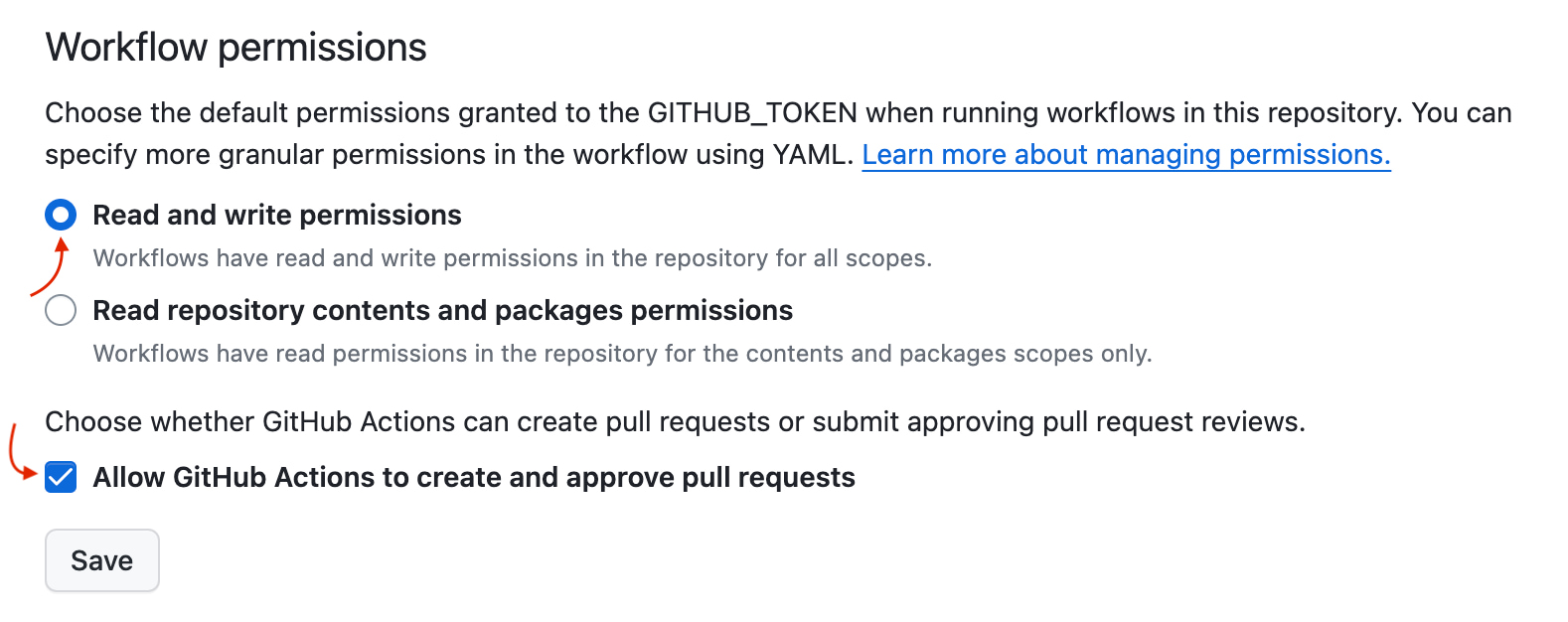 Screenshot showing the GitHub repository settings for configuring workflow permissions.