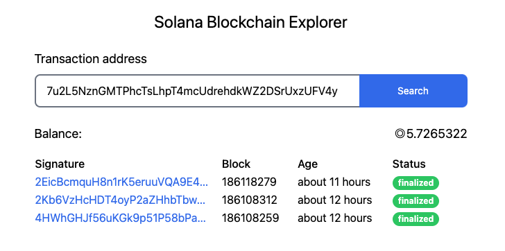 Solana Blockchain Explorer with Transactions 