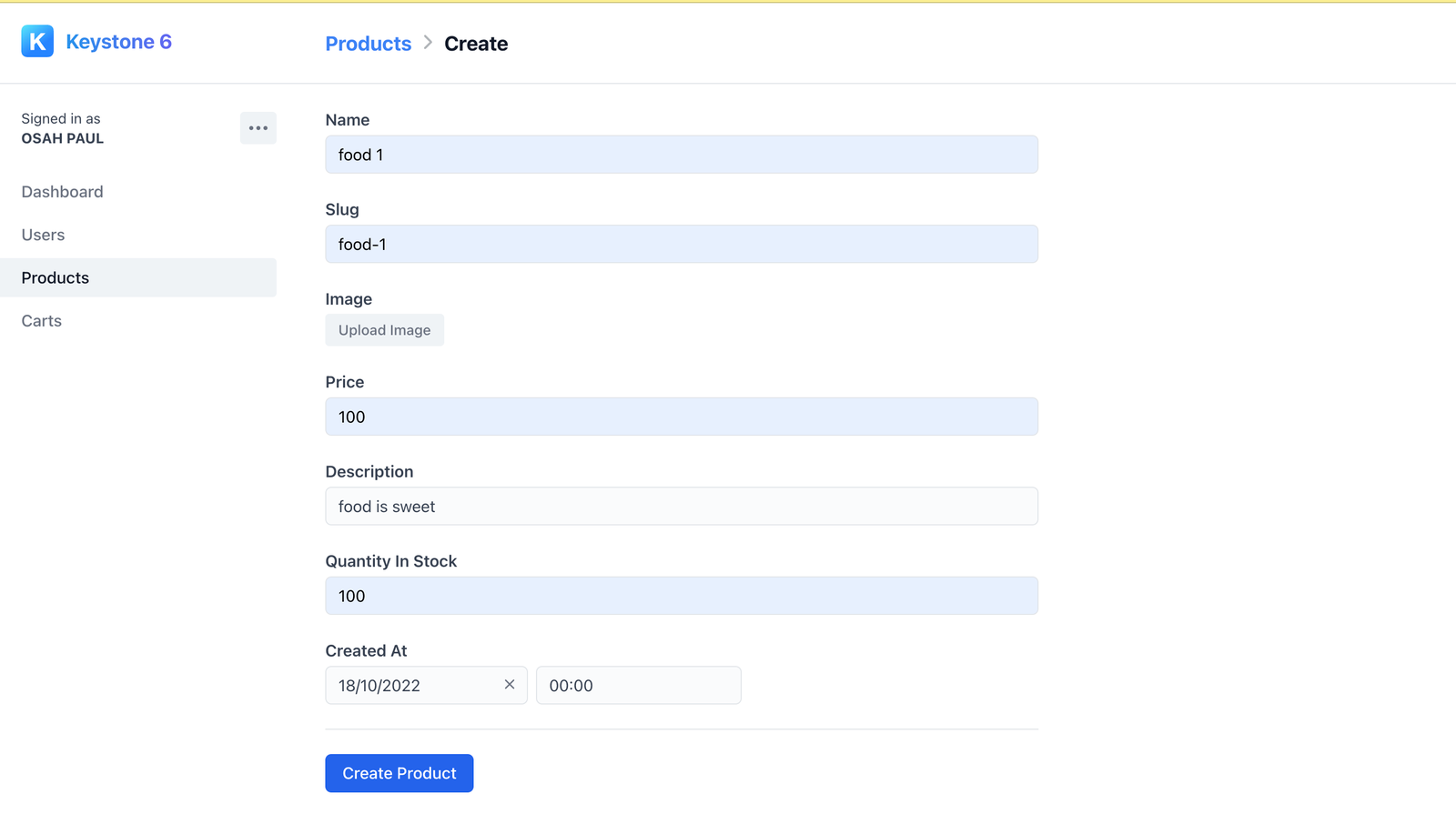4 sample on creating a product from the admin interface