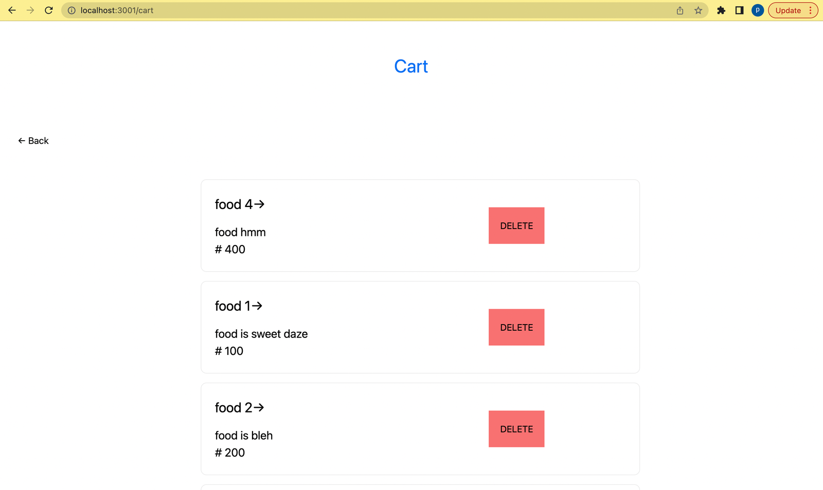 9 output of the cart.js page with fetched cart items