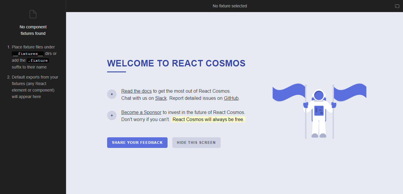 React Cosmos explorer landing page with no fixture