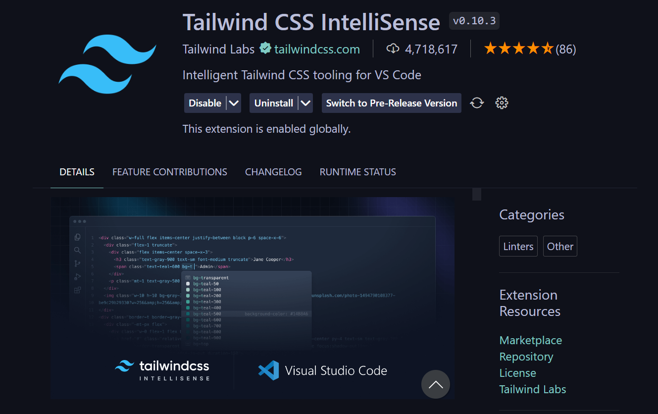 output alt="tailwind css intellisense extension"