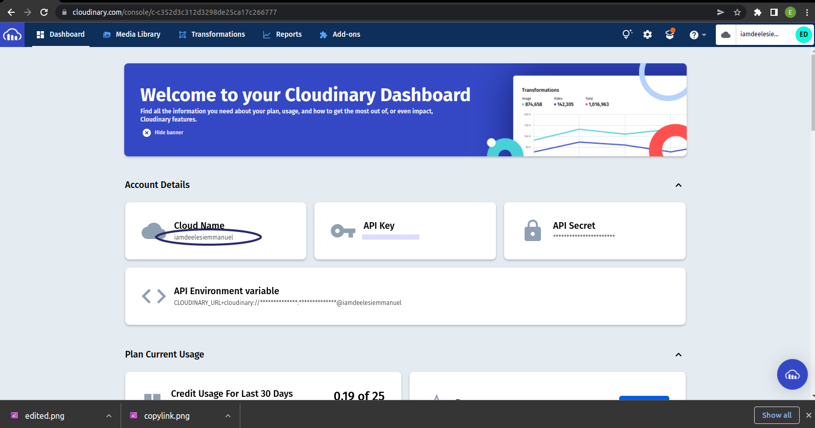 Cloudinary Dashboard page displaying Cloud Name