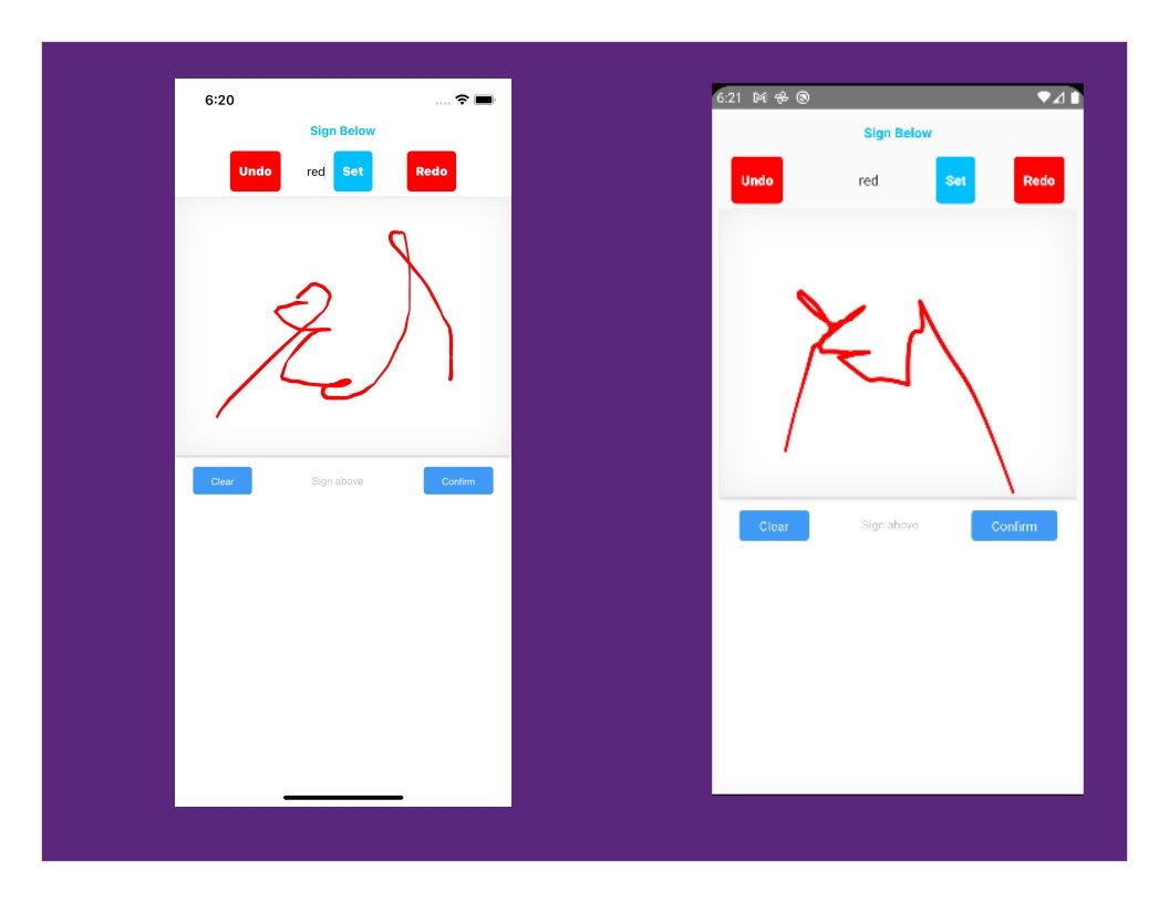 4 Image of Android and iOS emulators showing Undo and Redo Buttons and Pen drawing in Red Color
