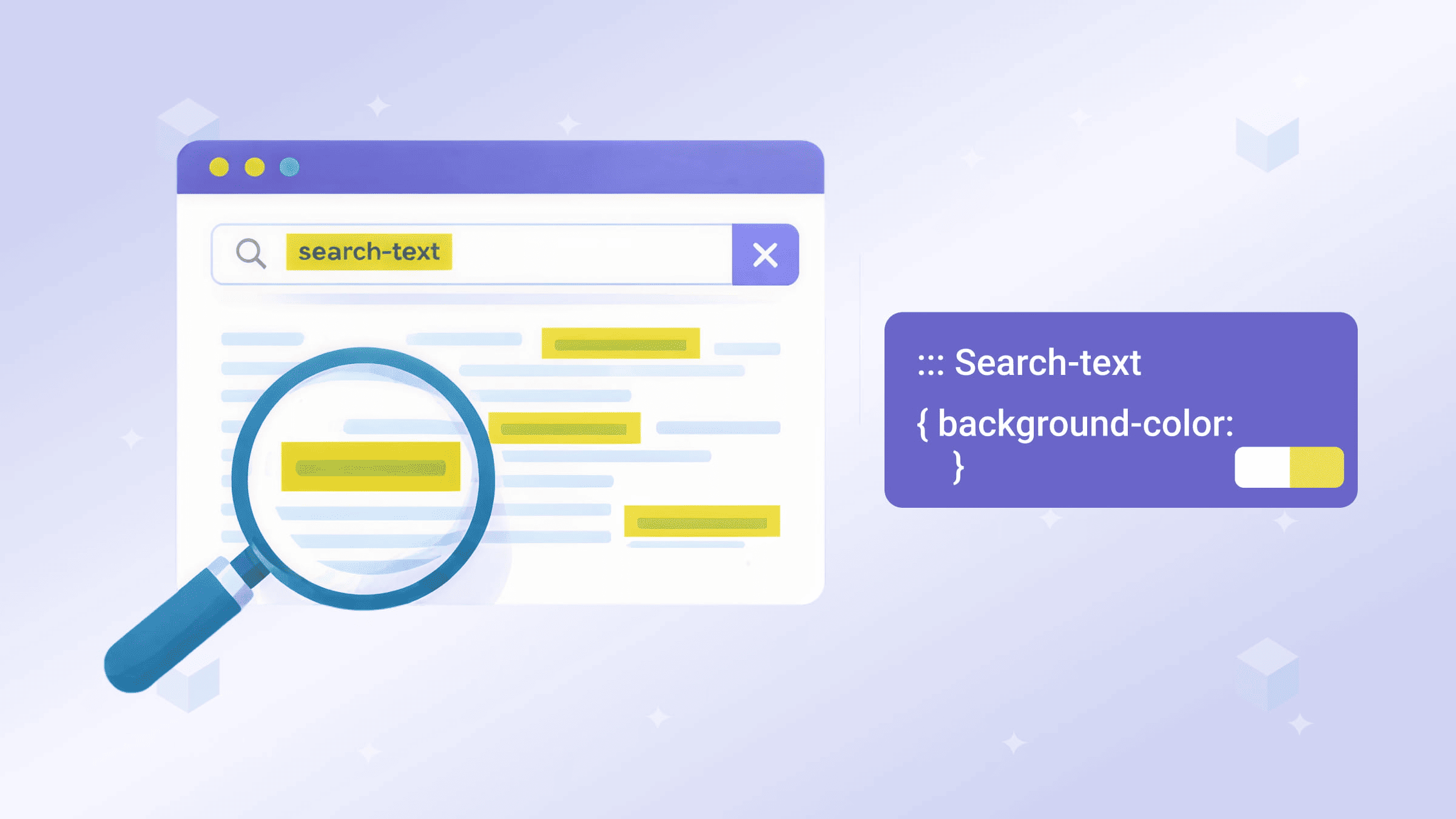 Style browser find-in-page highlights with ::search-text and :current. Covers CSS support, allowed properties, and Chromium-only limitations.